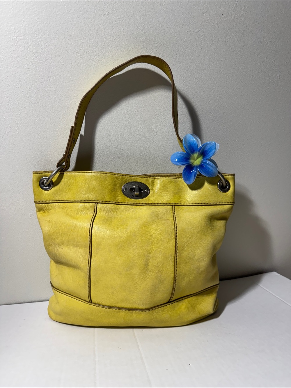 Fossil Yellow Leather Shoulder Tote Bag